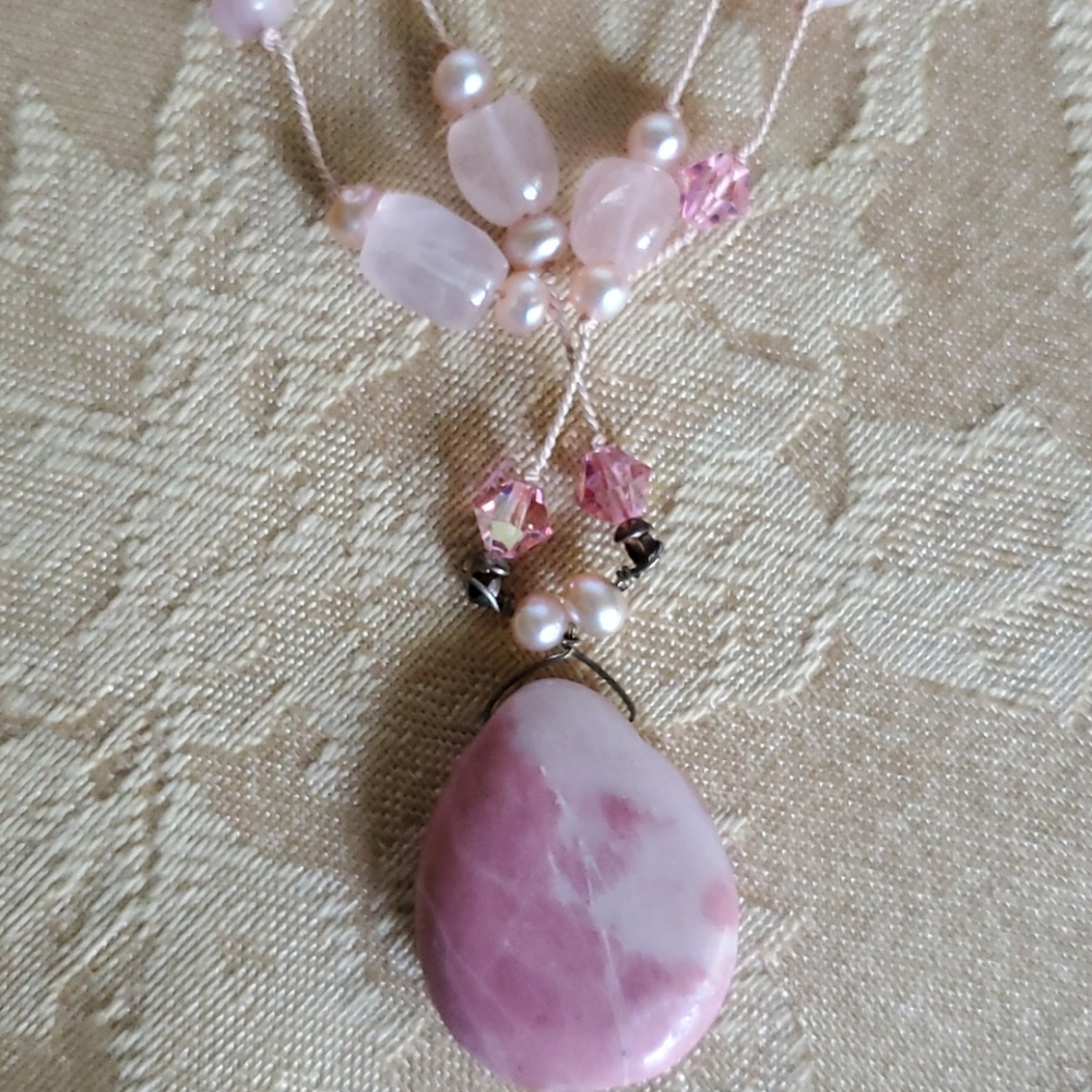 Handmade Rose-quartz Tri-tier Necklace 925 - Picture 2 of 14